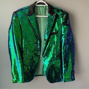 COOFANDY Sequin Shiny Peacock Mermaid Green Blue Black Flip Blazer Jacke…